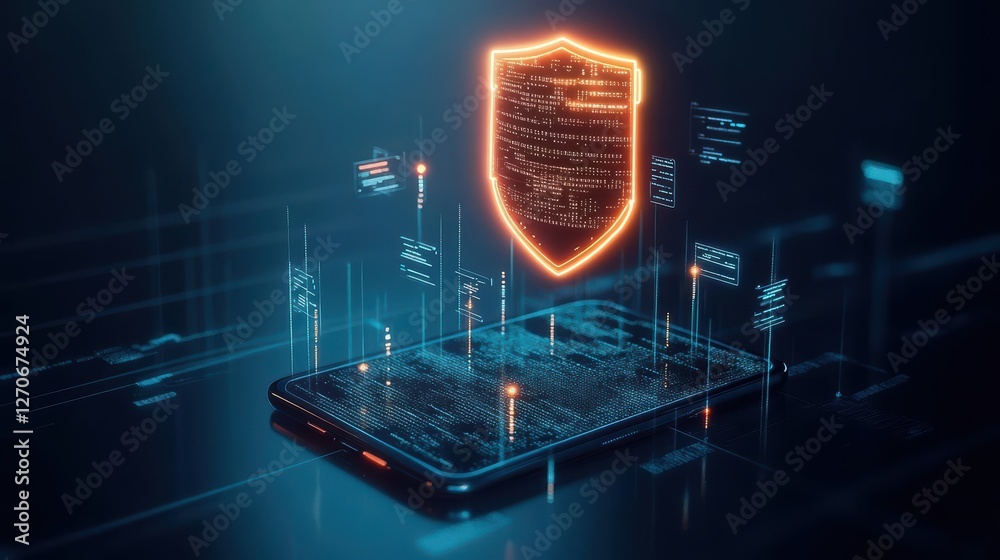 Poster a smartphone protected by a shield symbolizing security and innovation in modern technology reflecti