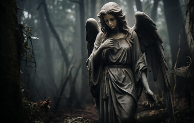 A beautifully carved angel statue gracefully holds its hand to its chest, surrounded by a fog-laden forest. The scene evokes a sense of tranquility and mystery, captivating the viewer