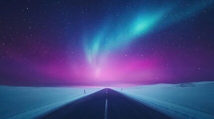 Vibrant Aurora Borealis Illuminating Serene Road in Remote Wilderness Creating a Dreamlike Atmosphere with Colorful Lights and Night Sky