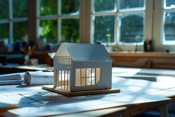 House model and blueprints displaying initial project stage in well-lit workspace.