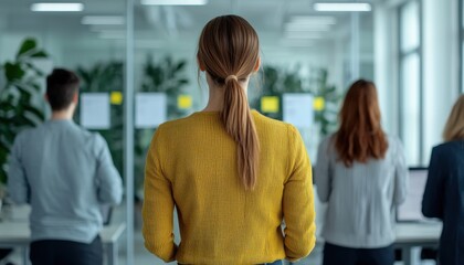 Obraz premium A group of professionals in an office setting, focusing on their tasks with one person in a yellow sweater prominently featured from the back.