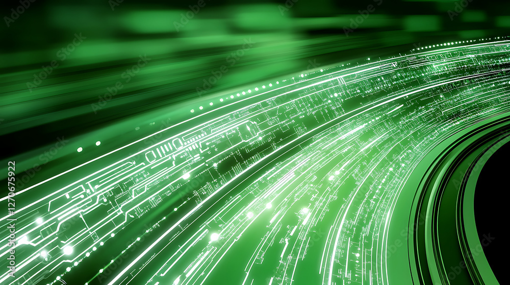 Poster futuristic green circuit board network visualizing data flow innovation and digital connection