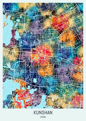 Kunshan China Map, background downtown, urban modern colorful, bright graphic design, abstract travel art, new business district, urban artistic detail, paint border downtown