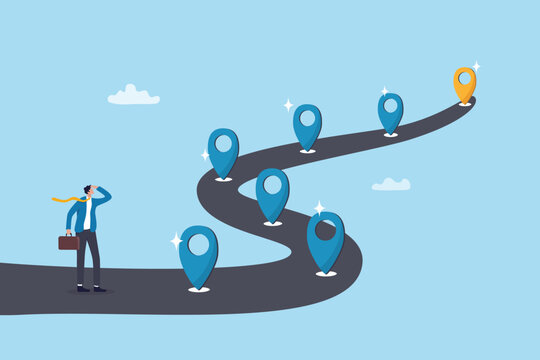 Success roadmap journey, milestone or career path achievement, route or pathway to achieve goals, accomplishment, assessment or way to success, businessman look at achievement milestone to success.