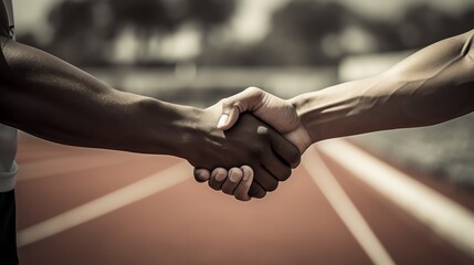 Two athletes shaking hands in unity.