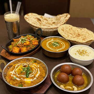 Butter paneer , butter naan bread in basket , kheer , bulaj jamun and lassi on wooden table 