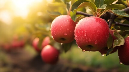 Fresh apples with dew on sunny orchard branch.