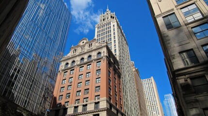Low-angle view of skyscrapers in a city, showing architectural details and contrast between old and new buildings under a clear blue sky.