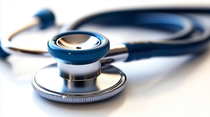 Close up of blue stethoscope resting on a white surface symbolizing healthcare