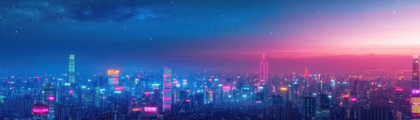 Vibrant Cityscape at Night with Striking Pink Sky Illuminating Urban Landscape and Reflecting Off Skyscrapers Creating a Dreamlike Atmosphere