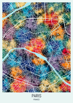 Paris France Map, background downtown, urban modern colorful, bright graphic design, abstract travel art, new business district, urban artistic detail, paint border downtown