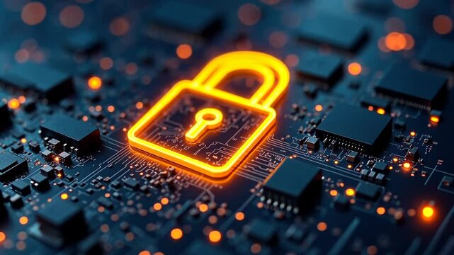 4k frame Digital yellow lock among microcircuits. Cybersecurity lock image