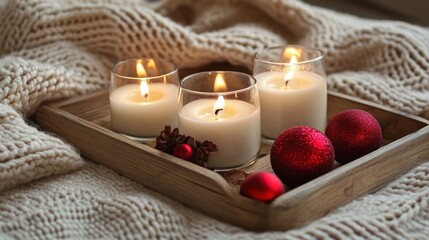 Three lit candles in glass jars on a wooden tray with red ornaments and pine cones, nestled on a cream-colored knitted blanket.