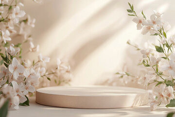 Round empty podium on a soft pastel background, surrounded by delicate flowers, perfect for Mother&rsquo;s Day, Women's day, March 8,Easter promotions.. Podium for product presentation and demonstration.