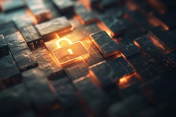 Abstract illustration of a glowing padlock symbol on a complex digital background representing cybersecurity, data protection, and information security concepts