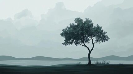Solitary Tree Amidst a Temperamental Sky Vector Illustration