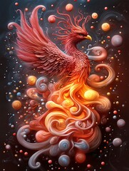 Modern digital artwork of a phoenix rising in bold, fiery red, orange, and gold hues, high-energy motion, flames with intricate detailing, mythological inspiration, epic composition