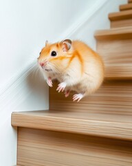 Fototapeta premium Cute Hamster Jumping from Wooden Stairs in Bright Interior Setting