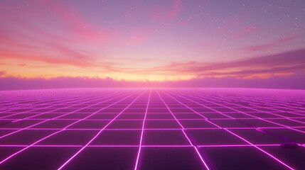 Synthwave horizon with a glowing grid and colorful sky at dusk
