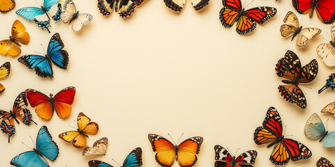 Draufsicht auf einen Rahmen mit Schmetterlinge und mit Platz für Text in der Mitte - Werbeschild  Fllyer