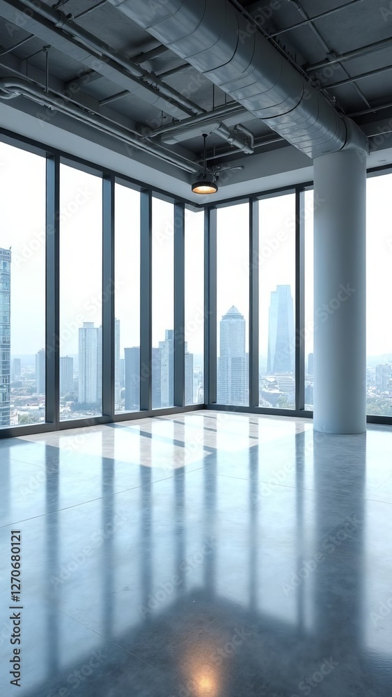 Poster a large open room with a view of the city