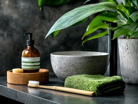 Zero waste sustainable bathroom essentials eco-friendly bamboo toothbrush and natural toothpaste modern home relaxing environment