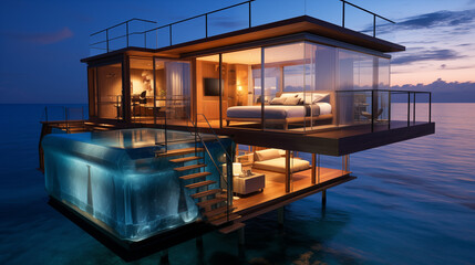Fototapeta premium Glass house on the water with bedroom and bathroom, two floors, stunning views, dreamy colors, ultra-high definition, and realistic rendering