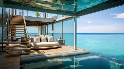 Fototapeta premium Glass house on the water with bedroom, two floors, stunning views, dreamy colors, ultra-high definition, and realistic rendering