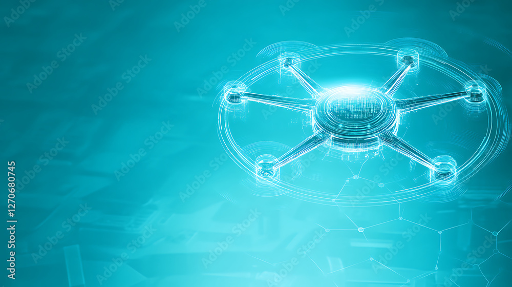 Poster futuristic network node connection system and technology structure illustration on cyan backdrop 96c