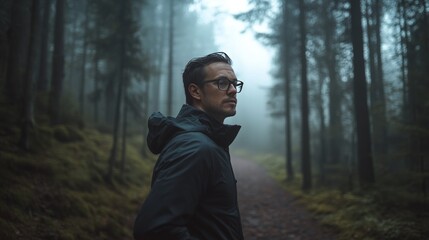 Myopia prevention with a man wearing glasses jogging along a lakeside at dawn. Jogging shoes, water reflections, mist