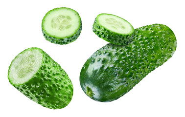 Cucumber slices levitating in air. Cucumber isolated on white background Clipping Path