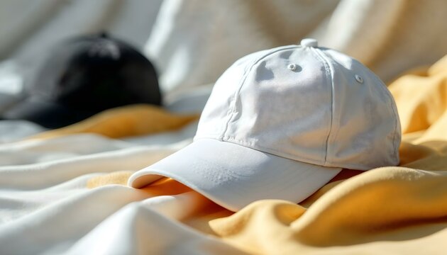 Una gorra blanca y una gorra negra en una maqueta de fondo blanco