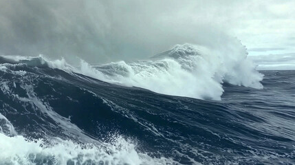 Obraz premium A powerful wave crashes against a rocky coastline under a dramatic, stormy sky, showcasing the raw power of nature in an epic, cinematic scene.