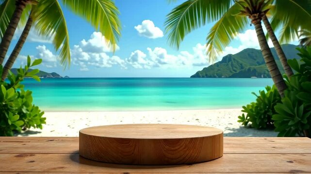 round wooden pedestal on the background of sandy beach with palm trees by the sea