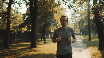 Obraz premium Myopia prevention with a man wearing glasses jogging in the city. Jogging shoes, skyscrapers, urban setting