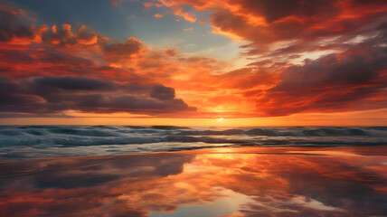 Naklejka premium Dramatic sunset over the ocean, with fiery clouds reflecting on the water's surface, creating a breathtaking scene.