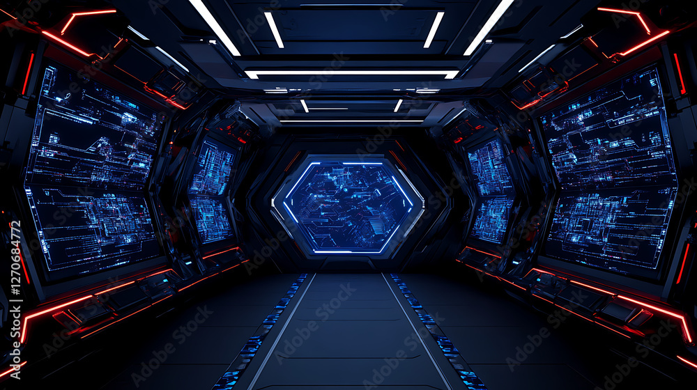 Poster futuristic spacecraft interior corridor with hexagonal window displaying networked circuitry view