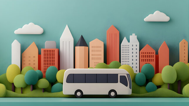 Whimsical digital art bus journey through a colorful cityscape urban setting