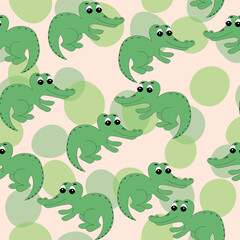Animal seamless pattern with cartoon crocodiles on color background. Cute holiday illustration with crocodile for baby. Design for invitation, poster, card, fabric, textile, wrapper.