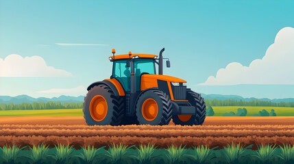 Obraz premium Digital illustration of a tractor working in rural farm landscape - agriculture concept