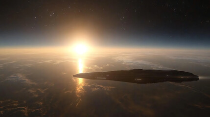 Fototapeta premium Futuristic Spaceship Traveling Through Space Above a Horizon With Bright Sun and Starry Background