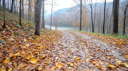Autumnal trail by misty lake, fall foliage