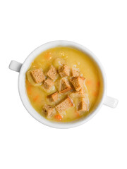 A portion of pea soup with crackers is isolated. Top view.