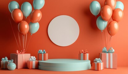 Bright and Cheerful Party Setup with Balloons and Gifts on a Vibrant Orange Background for Celebrations and Special Occasions