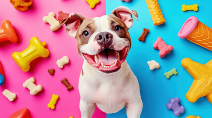happy dog surrounded by colorful toys and treats on vibrant background. playful atmosphere showcases various shapes and colors, creating joyful scene