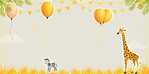 Safari themed birthday invitation set with giraffe balloon, zebra, lion, and gold accents for a wild and free celebration, invitation, gold, safari