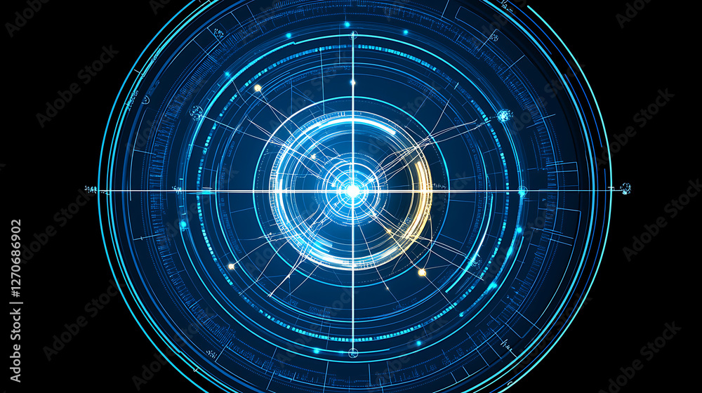 Poster futuristic technological interface display with circular cybernetic grid and hud visual elements