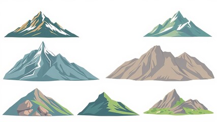 Vector illustration collection of different mountain icons in flat style rocks mountains and hills set isolated on white background, isolated, set, icons