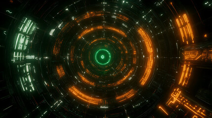 Obraz premium Futuristic Technological Tunnel with Concentric Circles and Neon Green and Orange Glow Illuminations