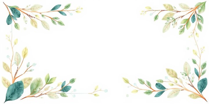 Woodland themed rectangular frame watercolor with forest leaves for baby shower or wedding invitations, forest leaves, rectangular frame, template